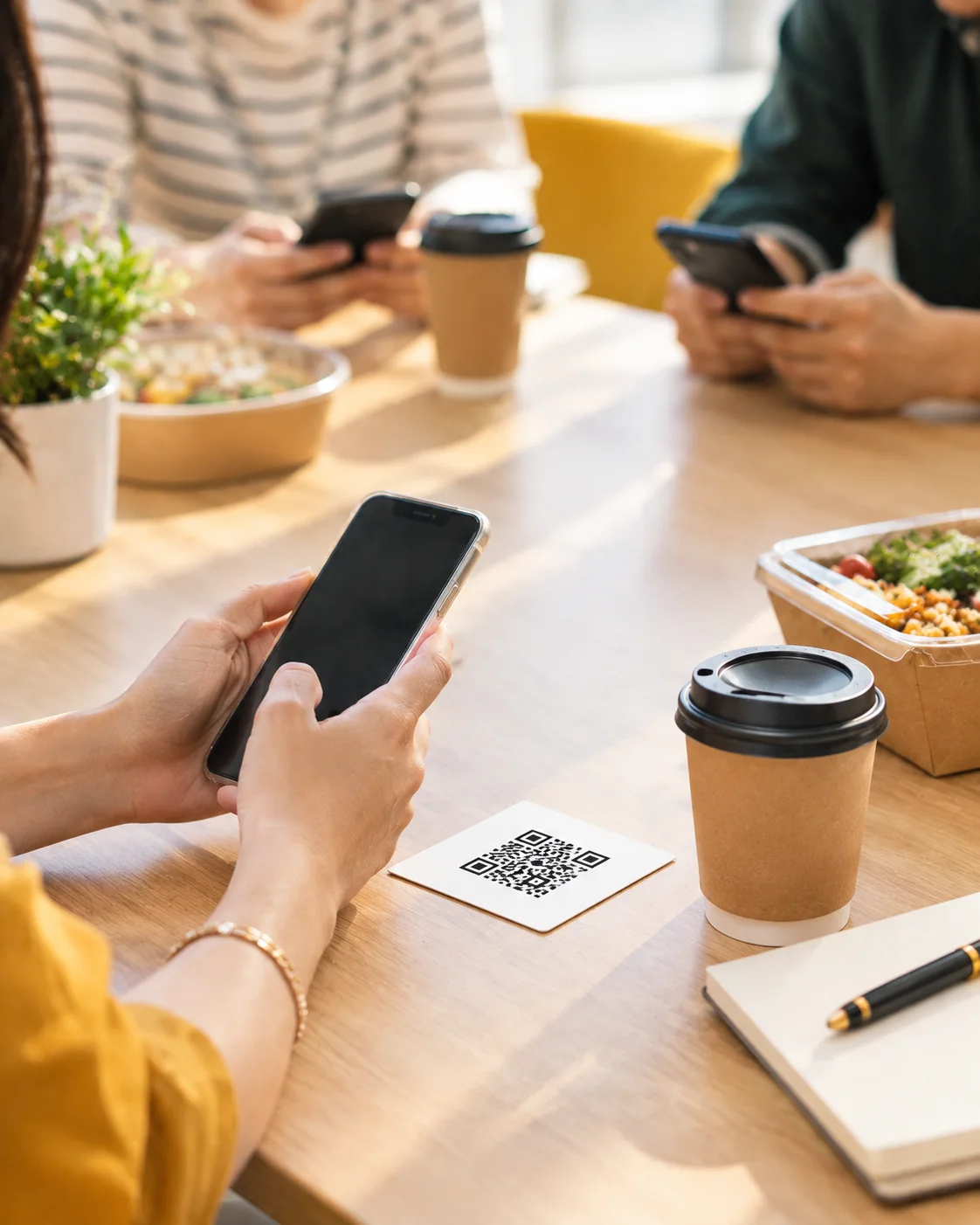 Colleagues at a lunch table using their smartphones, with coffee, lunch boxes and a QR code card